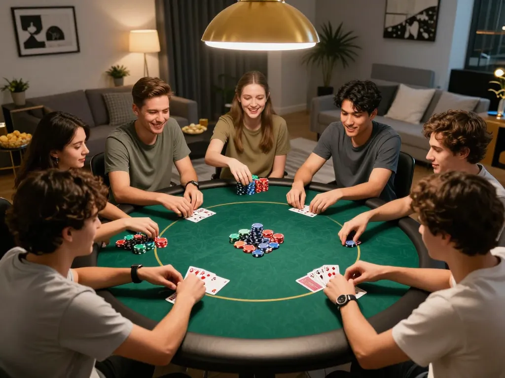 Players enjoying an exciting poker night at home with 555win, showcasing a vibrant and social gaming atmosphere.