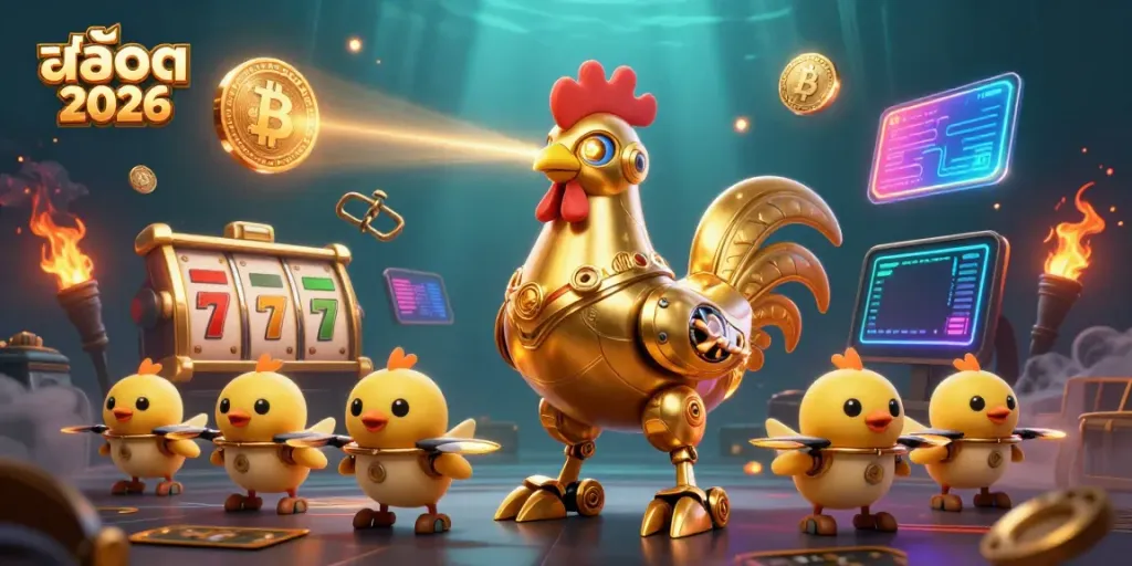Experience สล็อต 2026 with a futuristic golden rooster robot, baby chick drones, and vibrant slot elements in action.