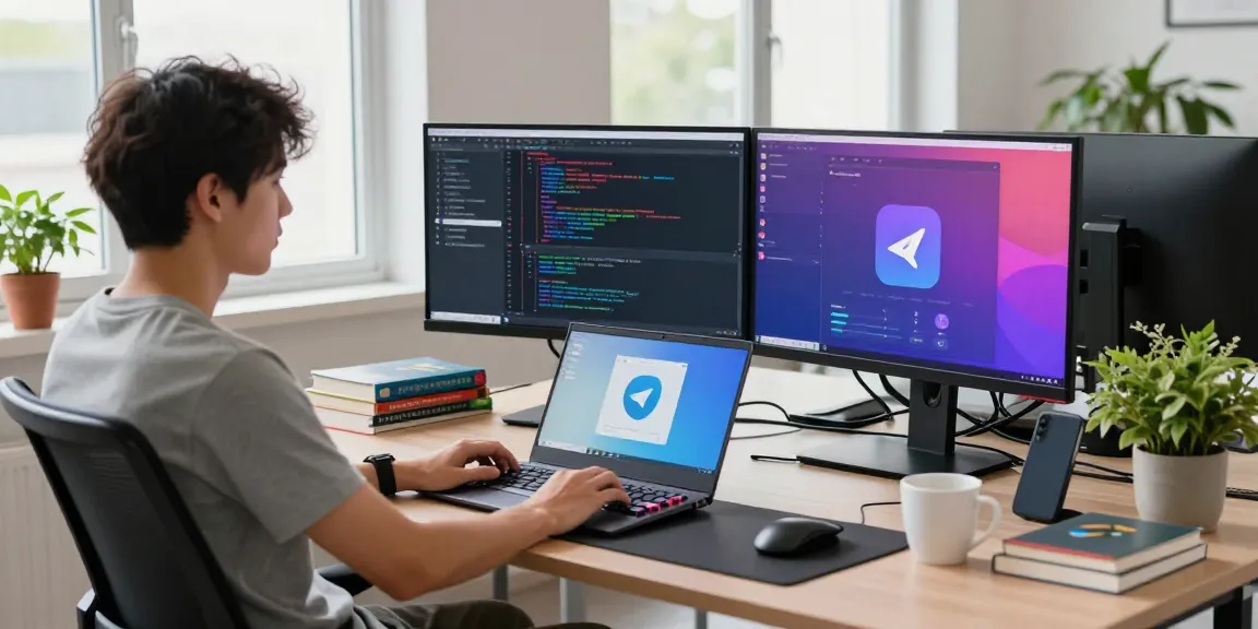 Developer workspace with coding interfaces and Telegram app, highlighting 纸飞机中文版官网 features.