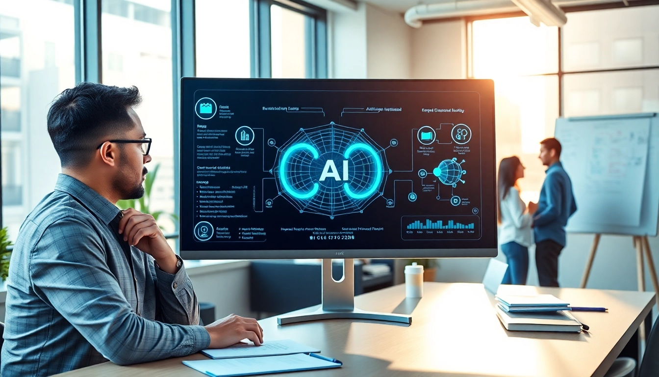 EORMC AI blockchain development in a modern office with analysts examining interactive technology.