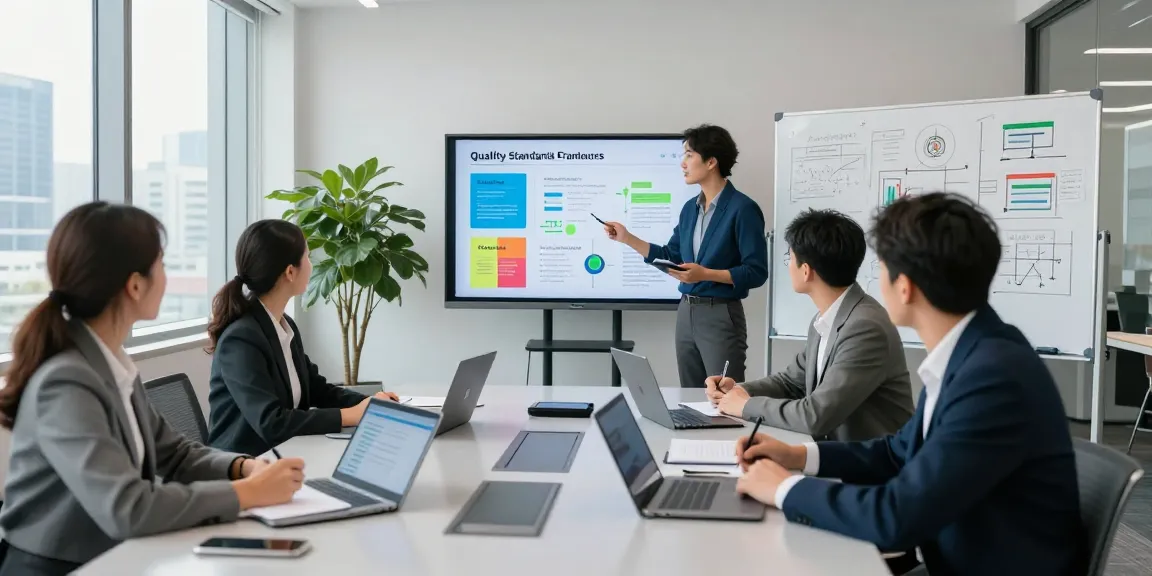 Collaborative meeting on Plattform für Qualitätsstandards in modern office setting with engaged professionals.