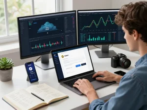 Complete IODeFi registration on a laptop in a modern workspace, showcasing cryptocurrency integration.