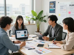 Professionals discussing strategies to purchase PLR content in a modern workspace.