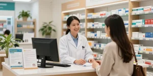 Pharmacist discussing Levitra options with a customer in a welcoming pharmacy setting.