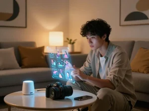 Interactive scene showcasing ai sex technology at home with a person using a holographic interface, representing advanced intimacy.