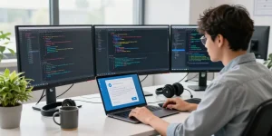 Young developer coding Telegram interface in Chinese at a modern tech workspace showcasing 纸飞机中文版官网.