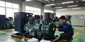 Technician performing maintenance on a diesel genset in a power facility