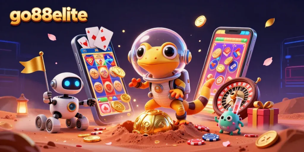 Engage with go88elite as the Martian gecko uncovers a hidden golden casino in a vivid 3D illustration
