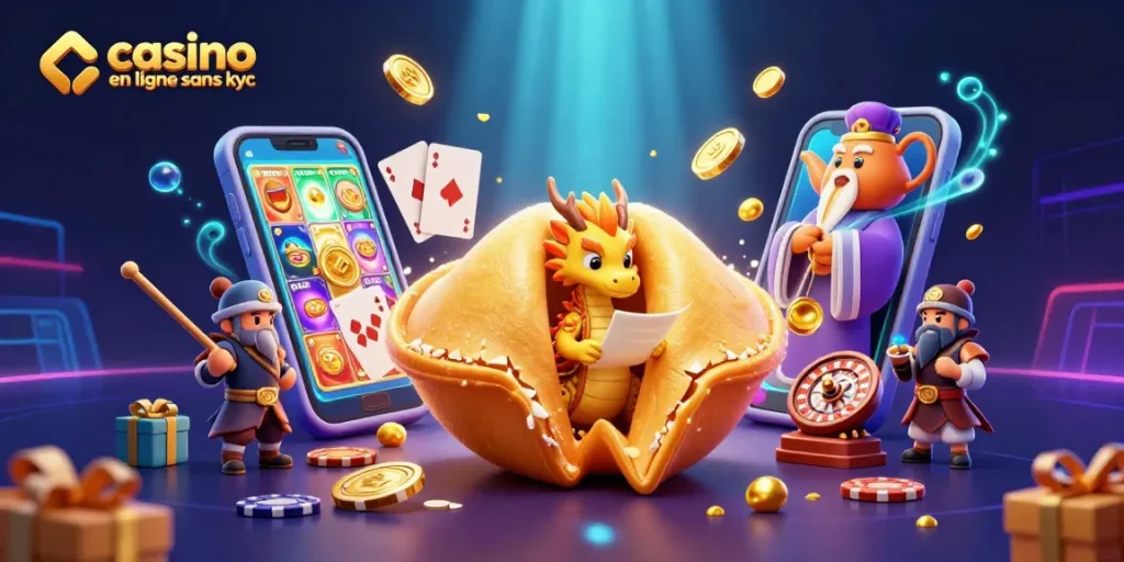 Jouez à des jeux de casino en ligne sans KYC avec cette illustration dynamique représentant des personnages de casino et des éléments de jeu