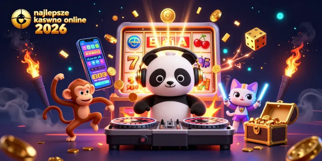 Najlepsze kasyno online 2026: DJ panda w kasynowej ilustracji z slotami i efektami jackpotu