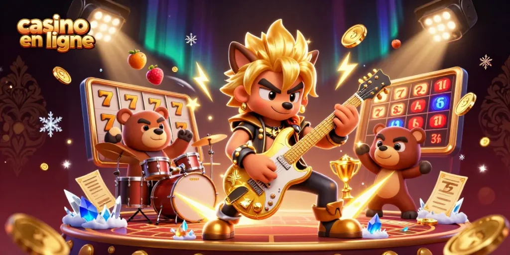 Profitez de l'excitation du casino en ligne avec une scène dynamique d'un loup rock star et un ours batteur sur scène.