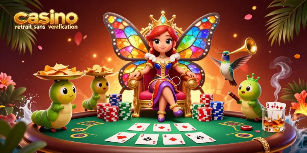 Découvrez l'univers coloré du casino retrait sans vérification avec une reine papillon et des jetons d'or.