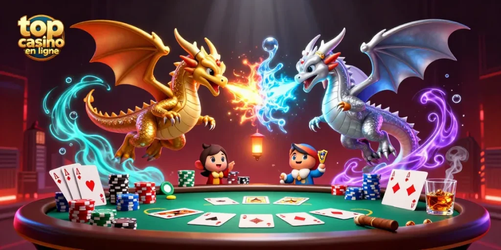 Jouez dans le meilleur casino en ligne avec des dragons 3D et des éléments de poker captivants.