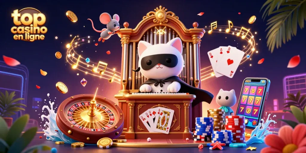 Illustration dynamique de casino mettant en scène un meilleur casino en ligne avec un chat fantomatique.