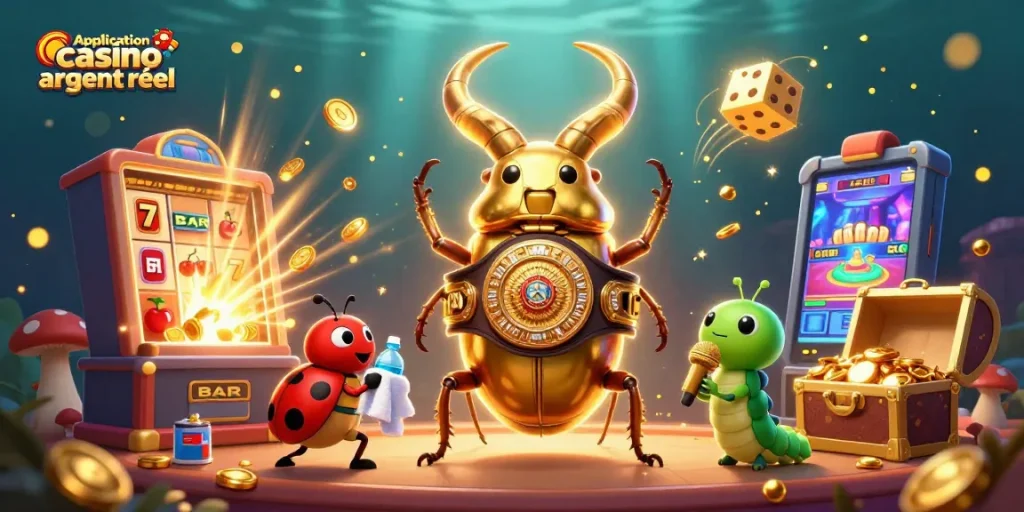 Application casino argent réel : une scène colorée avec des personnages de casino et des éléments passionnants
