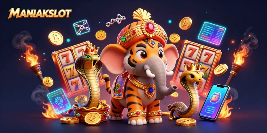 Spin the reels with MANIAKSLOT featuring a vibrant 3D scene of a jeweled elephant and royal characters.