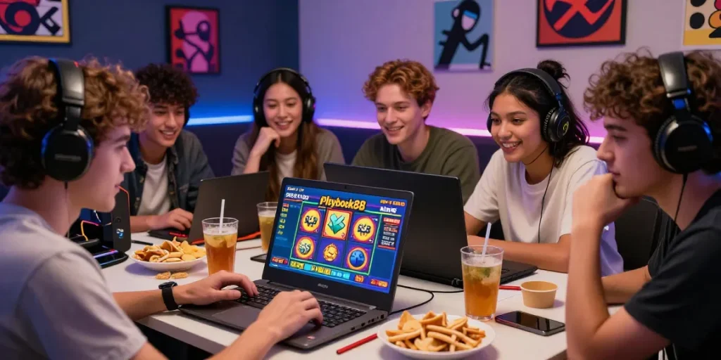 Exciting gaming atmosphere highlighting playbook88 link with friends enjoying online slots together.