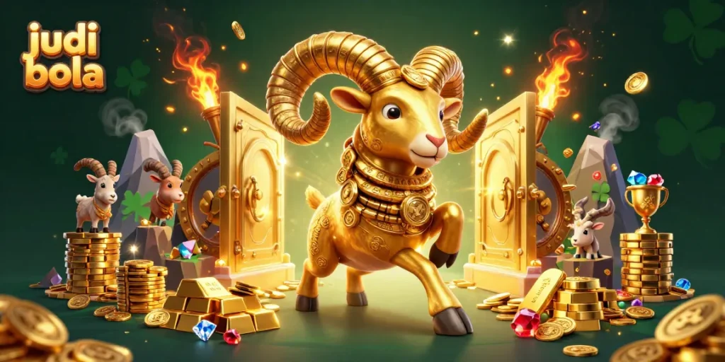 Engage in judi bola with a cartoon golden ram charging through a treasure vault scene.
