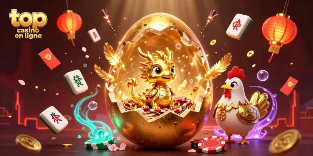 Top casino en ligne : dragon en or et jetons de poker brillent dans une scène interactive.